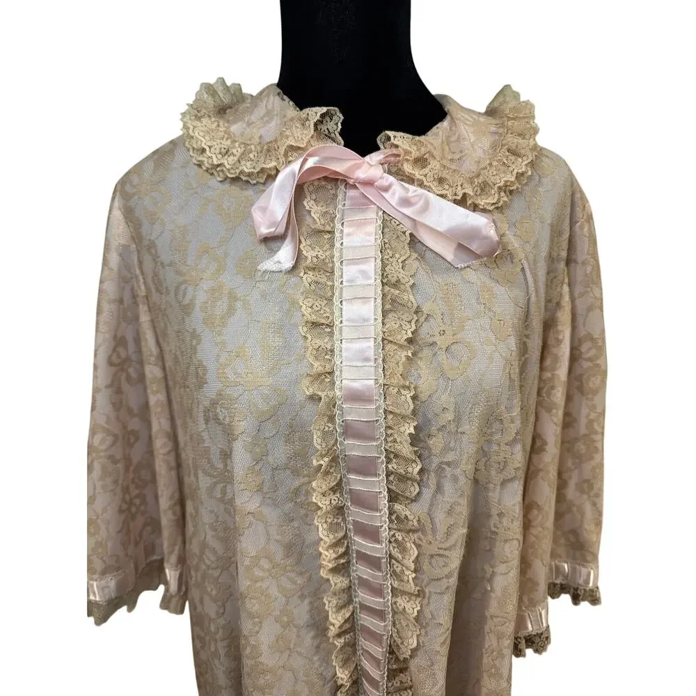 Odette Barsa Pink Lace Sheer Peignoir Maxi Robe Coquette Regency
